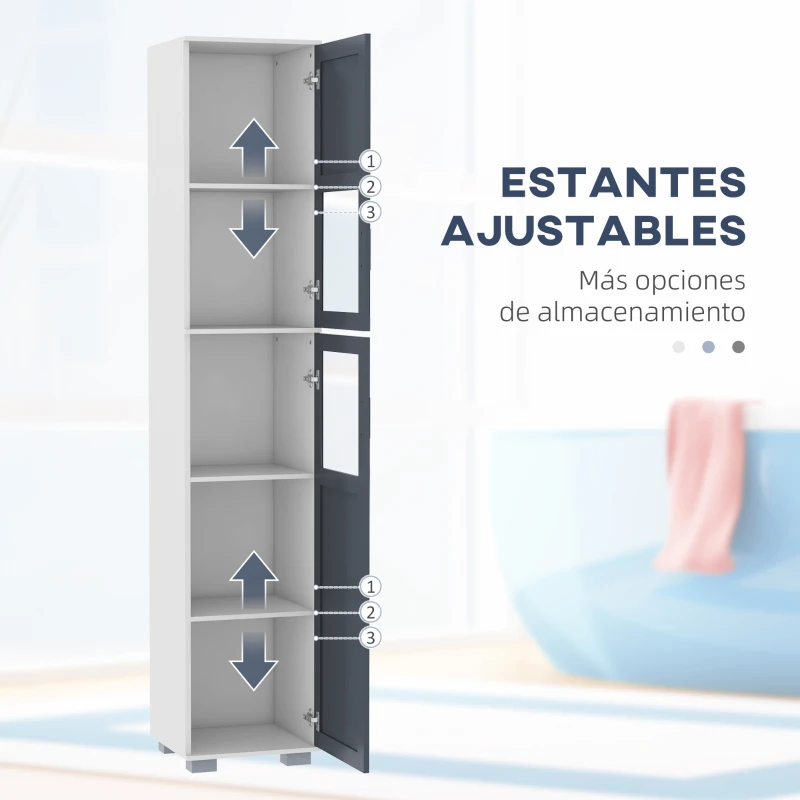 kleankin Armario Alto de Baño Mueble Columna de Baño con 2 Puertas de Vidrio Templado y Estantes Ajustables 37x35x190 cm Blanco y Gris