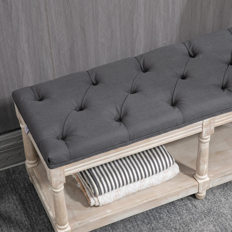 HOMCOM Sitzbank mit Stauraum, Vintage-Design, Knopfheftung, Kautschukbaumholz, 115x40x48cm, Grau