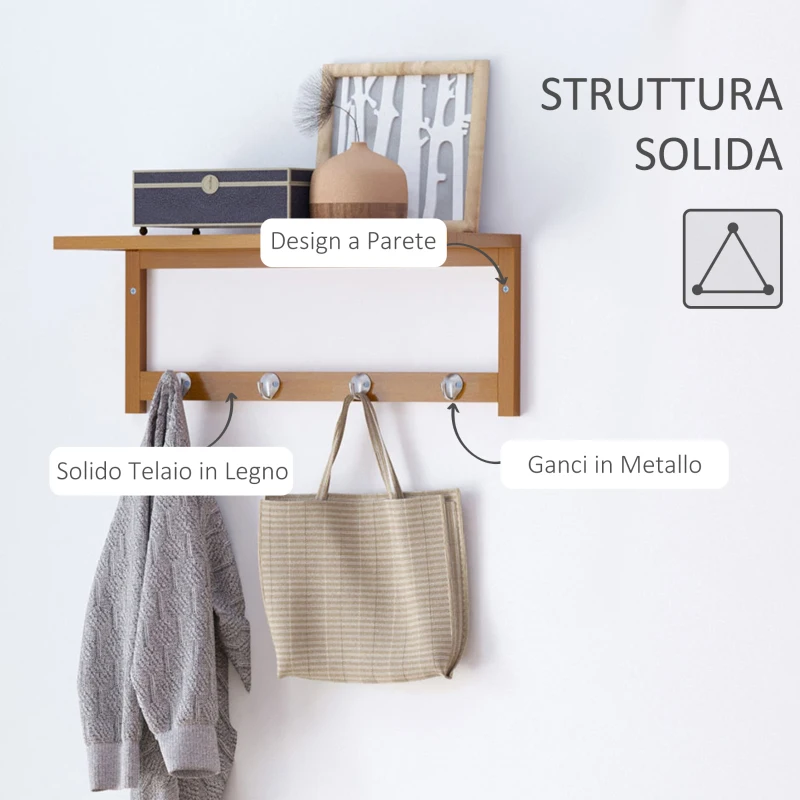 HOMCOM Appendiabiti con Mensola Attaccapanni a Parete con Ripiano Bambù 50 × 16 × 17.5cm