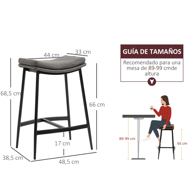 HOMCOM Conjunto de 2 Taburetes Altos de Cocina con Estructura de Acero Estilo Industrial Carga 120 kg para Comedor Bar Gris