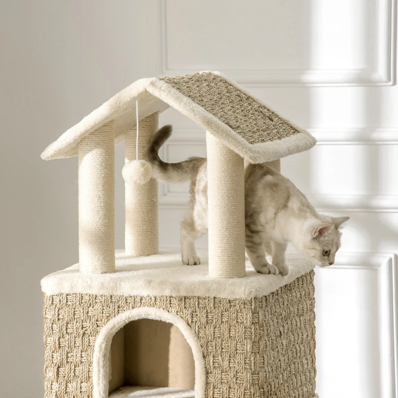 PawHut Árbol Rascador para Gatos Grande Altura 131 cm con Cueva de Algas Postes de Sisal Natural Plataformas Bola Colgante y Molino de Viento de Juguete 69x40x131 cm Beige