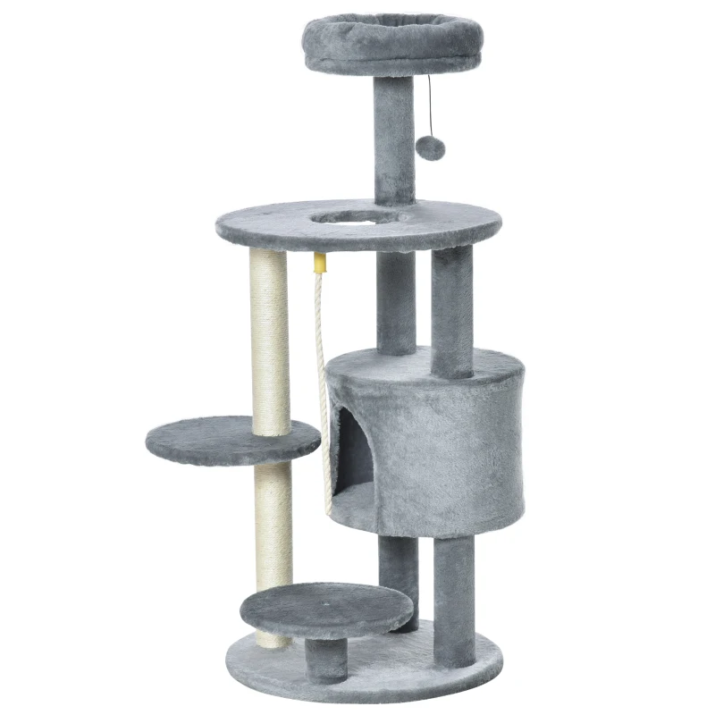 PawHut Cat Tree Tower for Indoor Cats 112cm Climbing Kitten Activity Center with Jute Scratching Post Perch Hanging Ball Toy Teasing Rope Dark grey