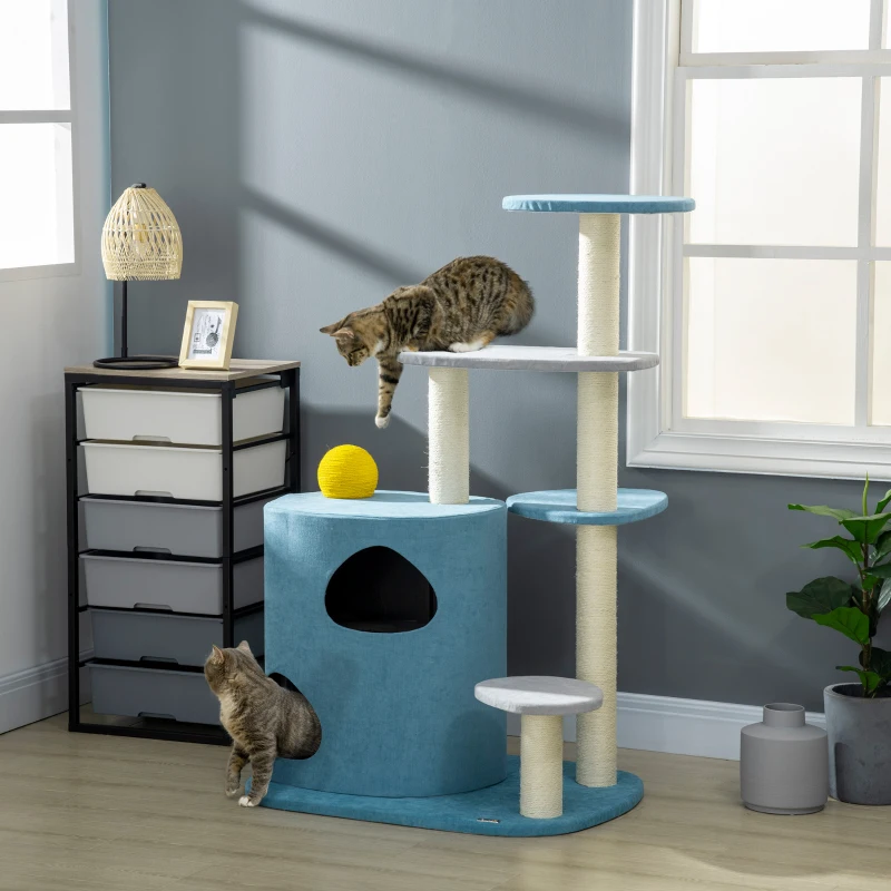 PawHut Kratzbaum mit Kratztonne inkl. Kratzball für Katzen, 87 cm x 60 cm x 122 cm, Blau + Grau + Gelb