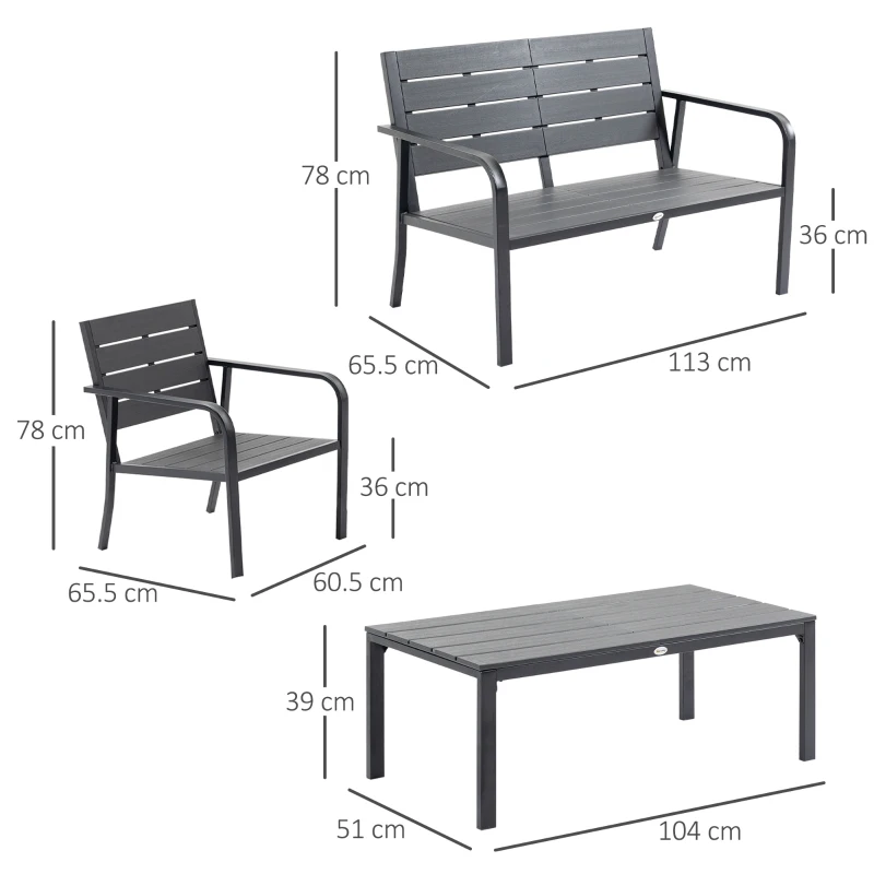 Outsunny Set Salotto da Giardino da 4 Pezzi con Panchina a 2 Posti, 2 Poltrone e Tavolino, Grigio Scuro