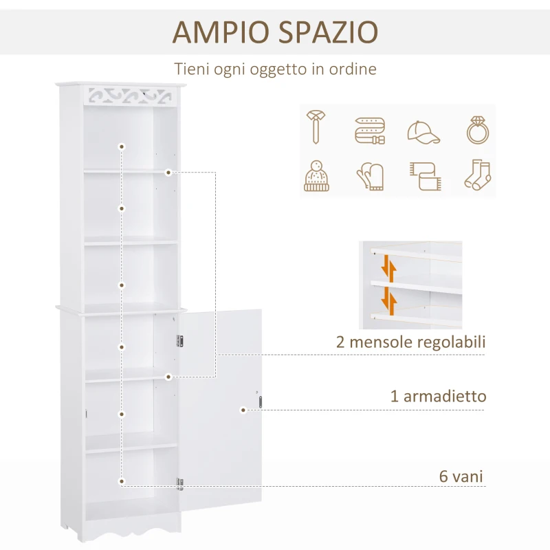 HOMCOM Mobiletto del Bagno a Torre 3 Ripiani Regolabili su 3 Livelli e 1 Ampio Armadietto Inferiore Manopole sull'Anta MDF Bianco 40x23x160cm