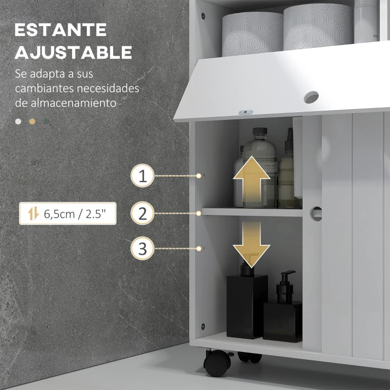 kleankin Armario de Baño Mueble Auxiliar con 4 Ruedas 2 Agujeros para Papel 2 Armarios y Estantes Ajustables 52x17x67 cm Blanco