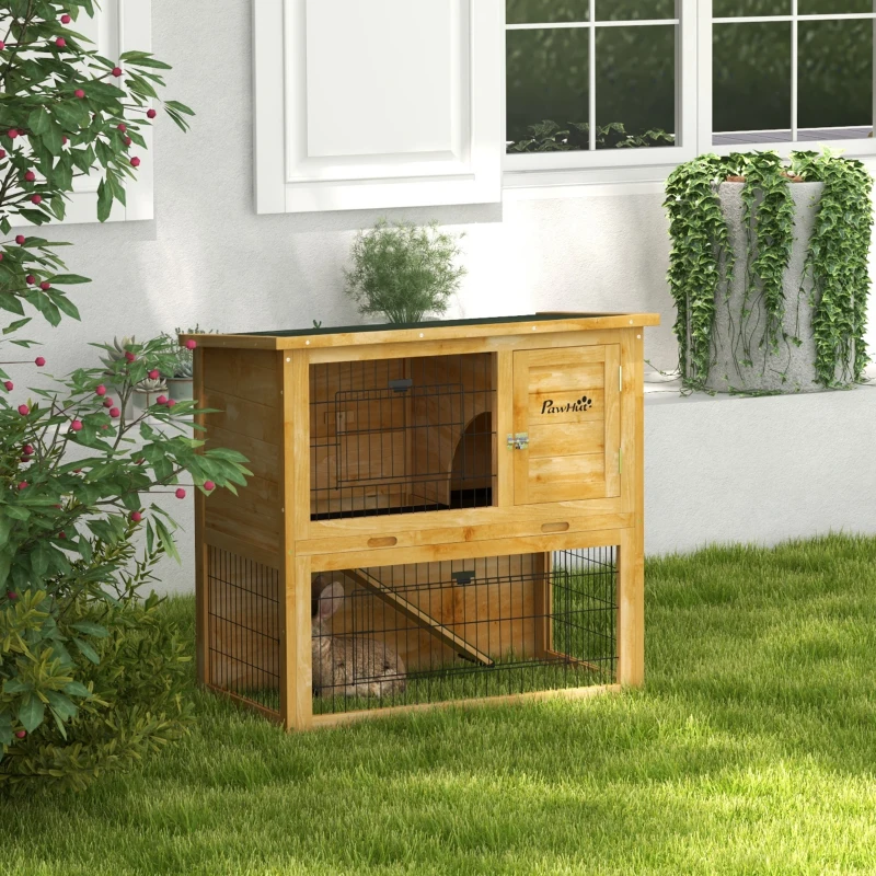 PawHut Clapier à lapin en bois 2 étages avec 3 portes plateau coulissant rampe toit bitumé 85 x 50 x 80 cm jaune