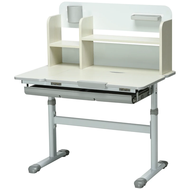 HOMCOM Bureau enfant hauteur réglable, plateau inclinable - 3 étagères, 2 niches, tablette coulissante à rangement gris blanc