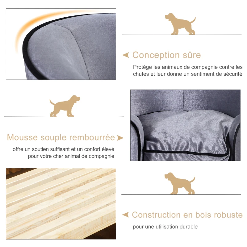 PawHut Canapé chien chat sur pied style  contemporain lit animaux avec accoudoir dossier coussin amovible grand confort + poche rangement revêtement peluche courte 69 x 49 x 38 cm gris