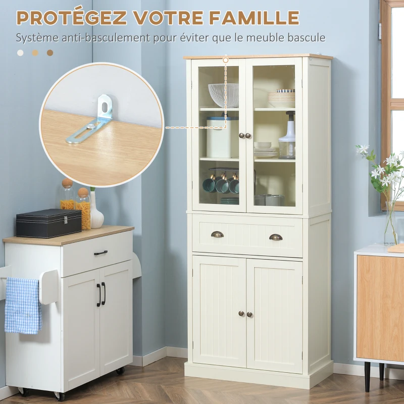 HOMCOM Buffet meuble cuisine rangement armoire de cuisine 4 portes dont 2 portes vitrées et 1 tiroir hauteur 182,5 cm avec étagères réglables - beige(m-7)