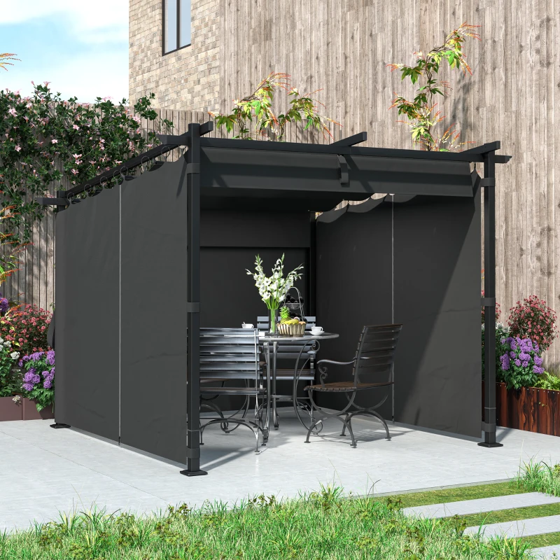 Outsunny 3 x 3 m Retractable Roof Pergola, with Curtains - Dark Grey
