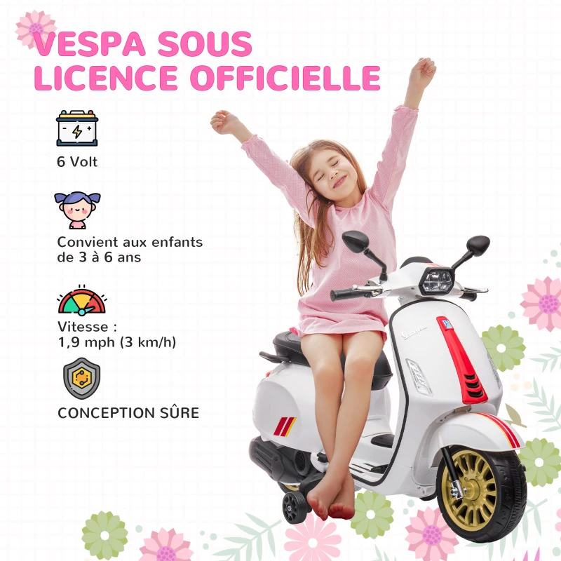 AIYAPLAY Scooter électrique enfant Vespa 6 V dim. 107L x 47l x 73H cm Musique MP3 Port USB Phare 2 roues d'entraînement - Blanc