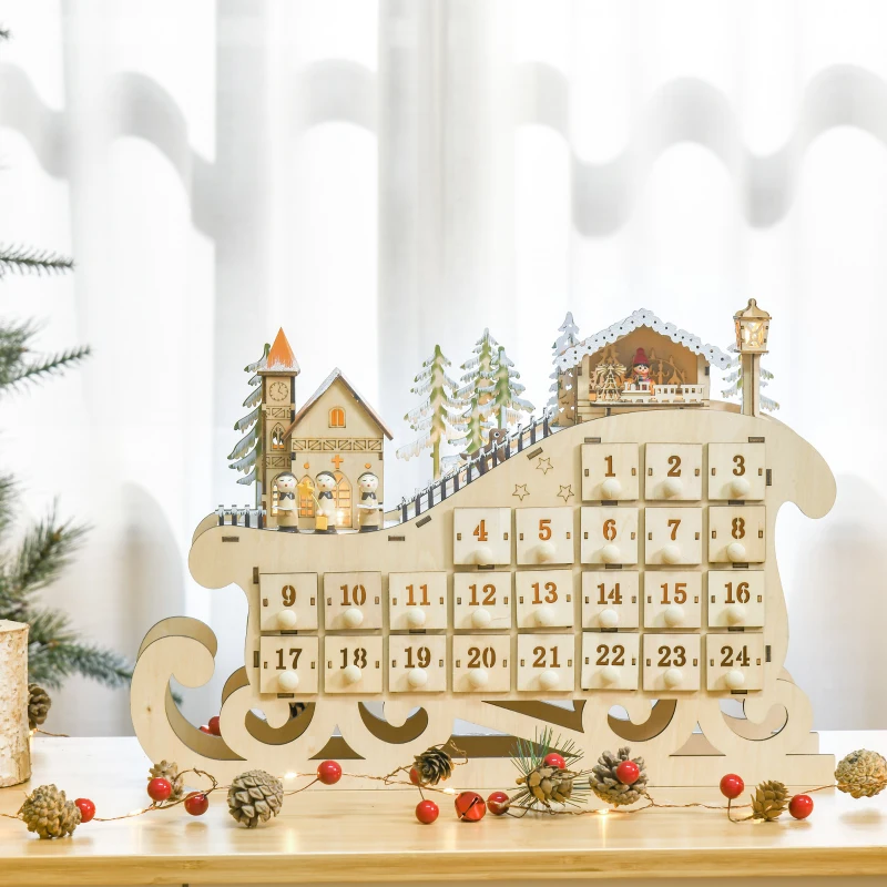 HOMCOM Calendario dell'Avvento in Legno a Forma di Slitta con 24 Cassetti da Riempire, Decorazioni e Luci a LED, 45x10x31cm