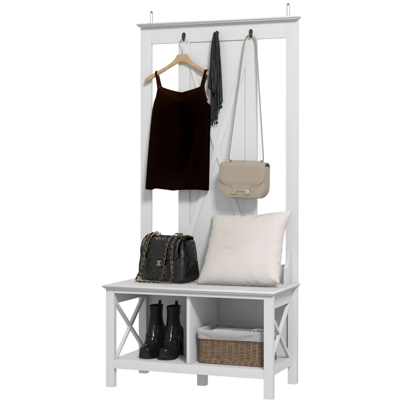 HOMCOM Perchero con Zapatero de Madera con 2 Estantes y 3 Ganchos para Colgar Ropas Bolsos 80,5x40x168 cm Blanco