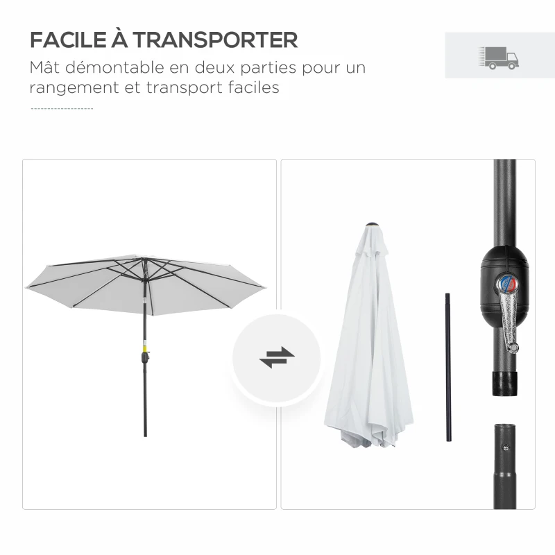Outsunny Parasol de jardin extérieur Parasol droit inclinable Ø 3 m en métal Rond Polyester 180g/m² manivelle inclinable Blanc