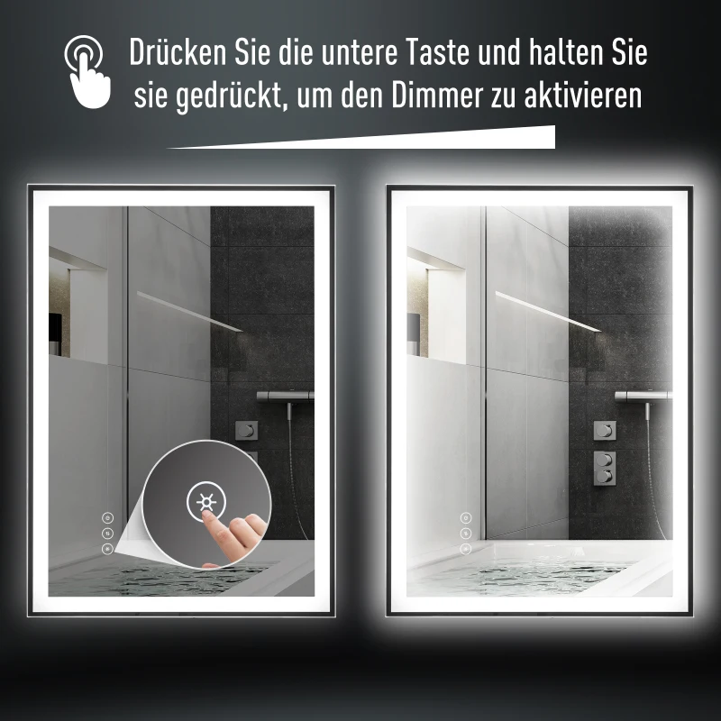 kleankin Badezimmerspiegel mit LED-Licht, Antibeschlagsfunktion; Wandspiegel, 7 70 cm x 50 cm x 3 cm, Silber