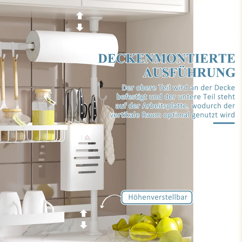 HOMCOM Abtropfgestell, höhenverstellbar, mit Küchenrollenhalter, Messerhalter, Haken, rostfreier Metallrahmen, Weiß