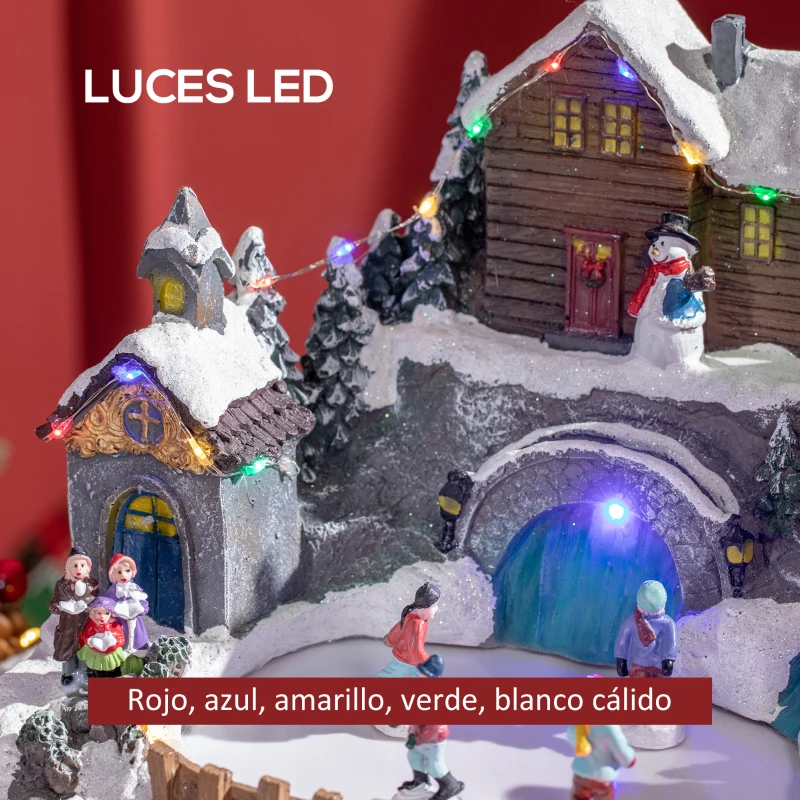 HOMCOM Pueblo Navideño Escena Navideña con Luces LED y Árbol Giratorio Decoración de Navidad 32x25,5x24 cm Multicolor