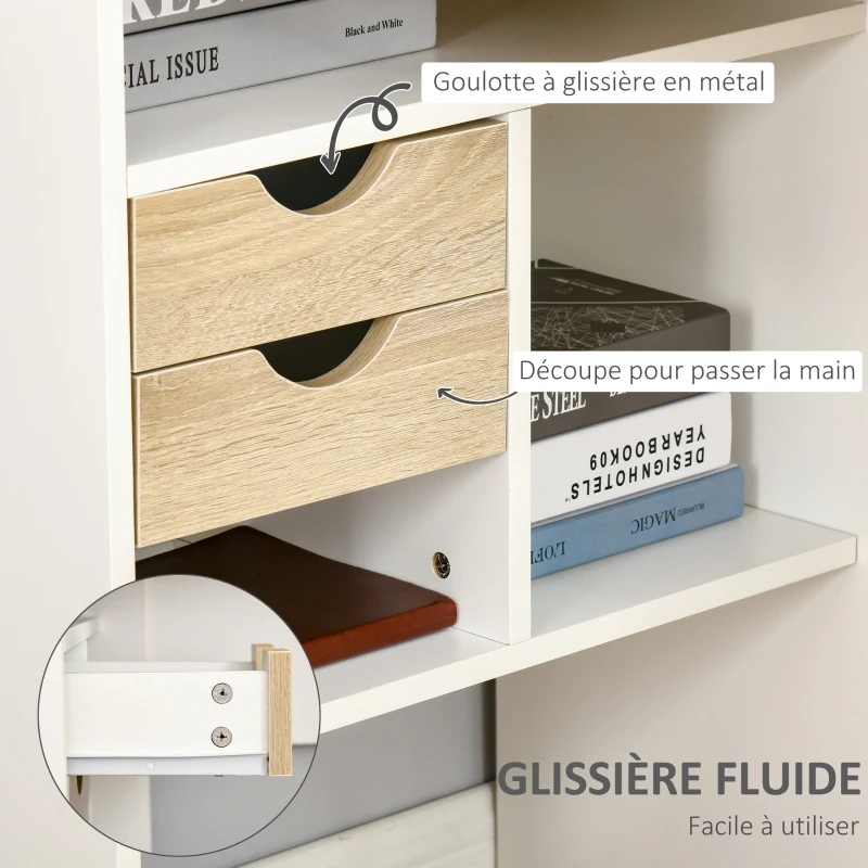 HOMCOM Bureau d'angle avec 2 tiroirs, 120 x 60 cm, bureau en L avec 3 compartiments ouverts, table informatique pour étudier, travailler, chambre, maison, aspect chêne clair