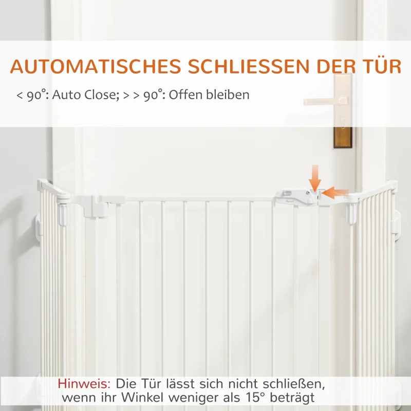 PawHut Hunde Absperrgitter Türschutzgitter Haustierschutzgitter verstellbar klappbar Kamingitter mit automatische schließenden Tür 3 Paneele für Ofen Wandmontage/Freistehend Weiß 202,5 x 76 cm