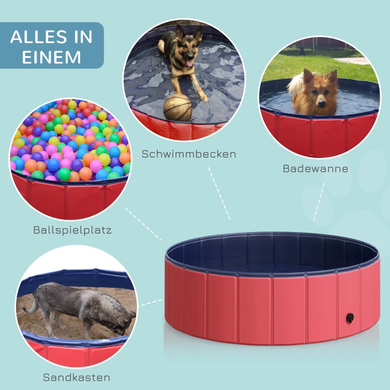 PawHut Hundebadewanne faltbar Badewanne Hundepool Plantschbecken Swimmingpool Wasserbecken für Hunde und Katzen Schwimmbecken Kunststoff+Holz Rot Ø100 x H30 cm