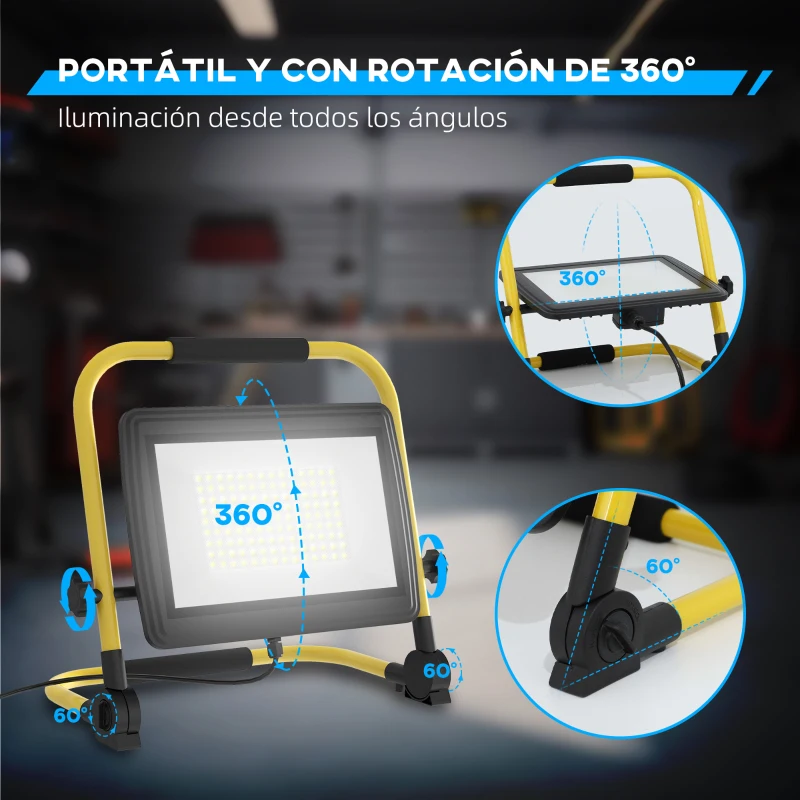 HOMCOM Foco LED con 8500 Lúmenes IP65 6500K Resistente a la Intemperie Ajustable y Portátil 35x20x32 cm Amarillo