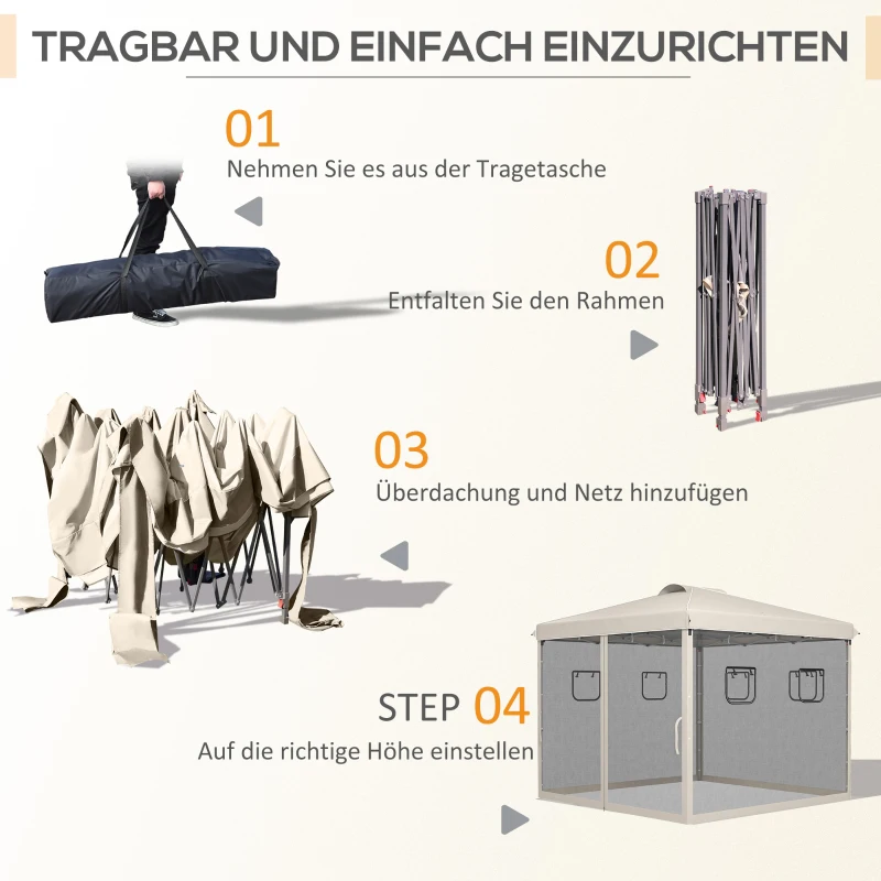 Outsunny Faltpavillon, höhenverstellbar, Netzvorhänge, Tragetasche, Metallgestell, 3 x 3 x 3 m, Beige