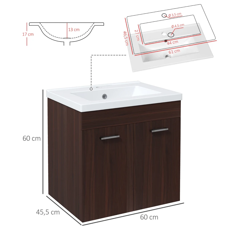 kleankin Mueble de Baño con Lavabo Cerámico Armario Bajo de Lavabo de Pared con 2 Puertas Estante Ajustable 60x45,5x60 cm Marrón