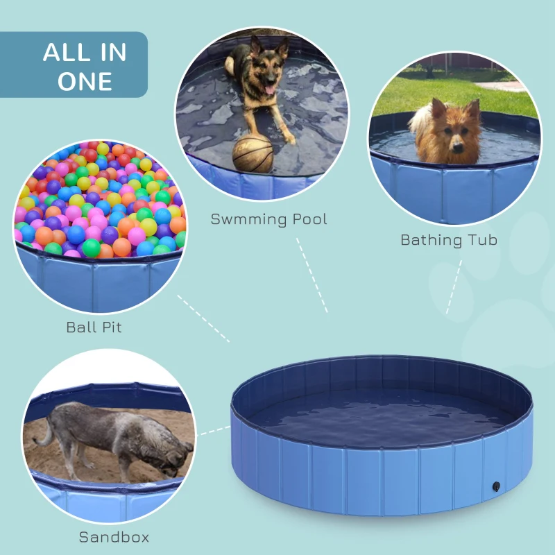PawHut Dog Paddling Pool, Foldable Dog Pool, Leakproof & Hard Plastic, Portable Pet Bathtub with Non-Slip Base & Drainage Hole, for Indoors, Outdoors, Garden, Patio, 140 x 30 cm, Blue