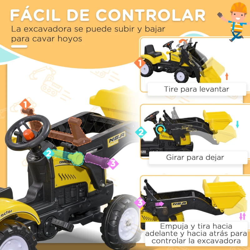 HOMCOM Tractor a Pedales para Niños a partir de 3 Años Excavadora con Pala Delantera Carga 35 kg 114x41x52 cm Amarillo