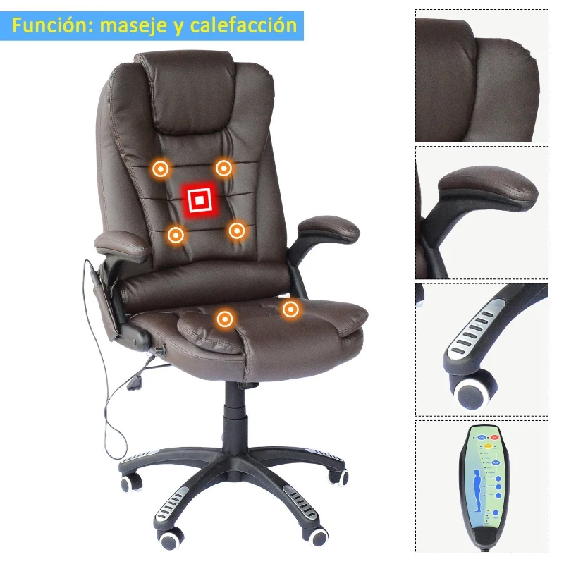 HOMCOM Silla de Oficina y Escritorio Regulable en Altura Reclinable 135° y Función Basculante Con Calefacción y Función Masaje con 5 Programas y 6 Puntos Vibratorios 62x68x111-121cm Hasta 120kg Marrón
