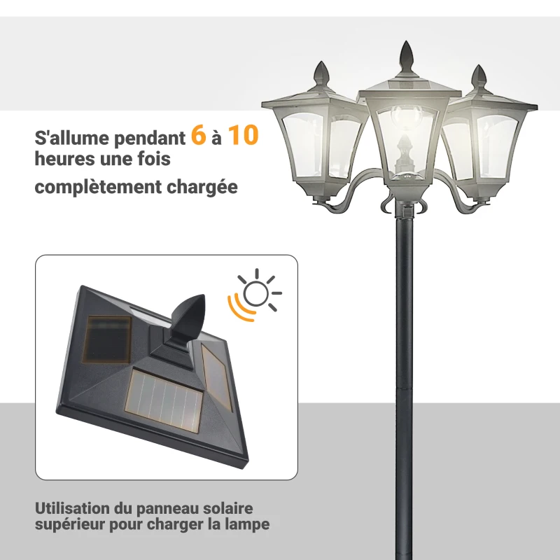 Outsunny Lampadaire de jardin extérieur à LED solaire avec capteurs 3 abat-jours - H.182.5 cm - IP44
