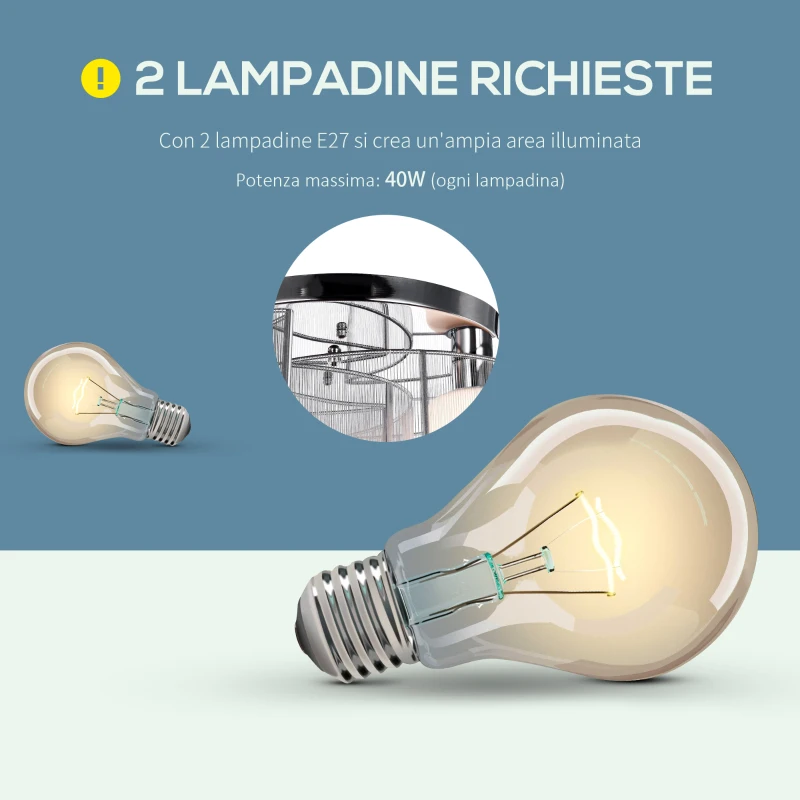 HOMCOM Lampadario a Incasso con 2 Paralumi a Mezzaluna in Metallo Argento e 2 Paralumi in Vetro Bianco, Φ35 x 25cm