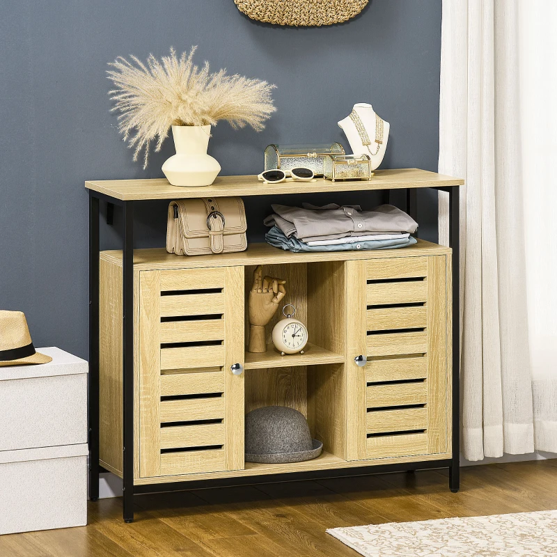 HOMCOM Kommode im Industrie-Design, Sideboard, Küchenschrank, 2 Regale, 2 Schränke, Schwarz + Natur
