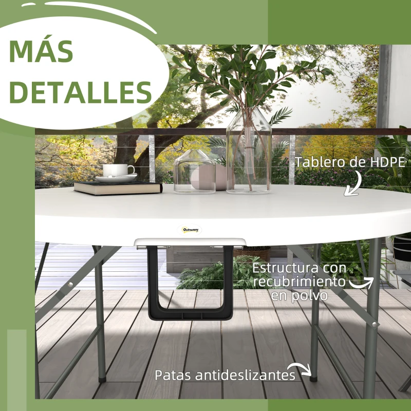 Outsunny Mesa Auxiliar Redonda Mesa de Jardín Plegable con Marco de Acero y Encimera de HDPE Carga 80 kg Ø122x73 cm Blanco