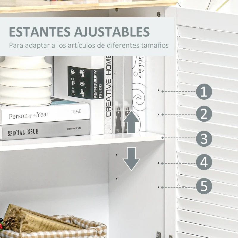 HOMCOM Aparador de 2 Puertas Diseño de Persiana con Estante Ajustable Armario Auxiliar de Almacenaje Moderno para Salón Dormitorio 80x30x78,5 cm Blanco(m-6)
