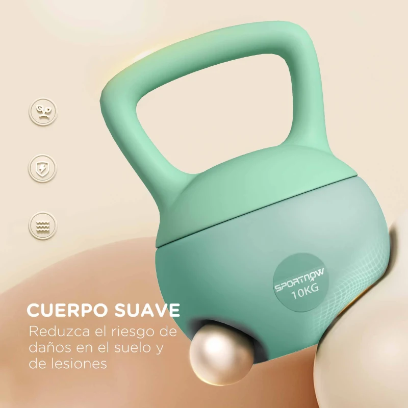 SPORTNOW Pesa Rusa 10 kg Kettlebell Relleno de Arena Metálica y Mango Antideslizante para Entrenamiento en Casa 21x21x30 cm Verde