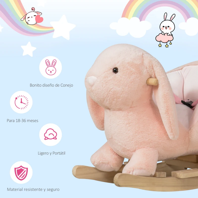 HOMCOM Caballito Balancín Infantil Forma de Conejo de Felpa para Bebés 18-36 Meses con Sonido Cinturón de Seguridad Manillar y Reposapiés 60x33x50cm Rosa