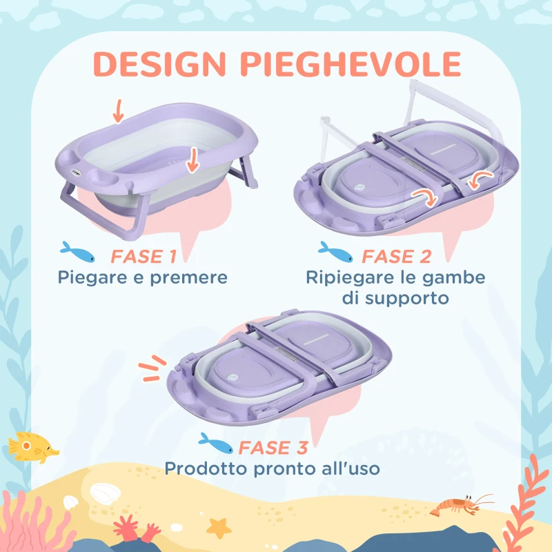 ZONEKIZ Vaschetta Bagnetto Pieghevole Bambini 0-6 Anni con Cuscino e 2 Ripiani, 83x48x23.5 cm, Viola e Bianco