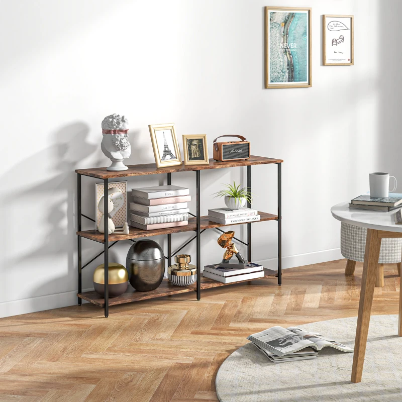 HOMCOM 3-Tier Industrial Style Shelf Metal Frame Smooth Shelves Adjustable Feet Home Office Display Storage Unit Sleek 76x120cm Brown
