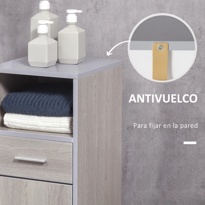 kleankin Armario de Baño con 1 Cajón 1 Puerta y Estante Abierto Mueble Auxiliar de Almacenaje con Ruedas para Salón Cocina Dormitorio Antivuelco 30x32x87 cm Gris