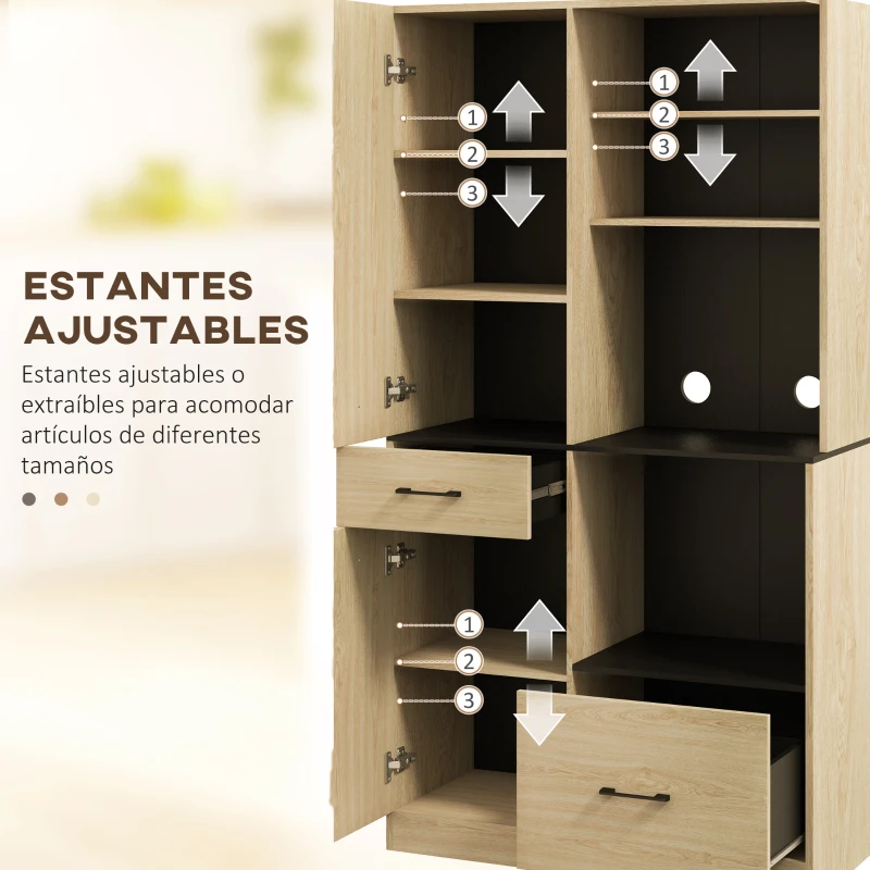 HOMCOM Armario de Cocina con 2 Cajones 2 Armarios 4 Estantes Abiertos Estilo Moderno 90x40x170 cm Roble y Negro