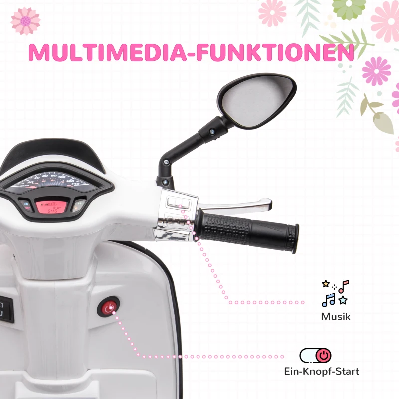 AIYAPLAY Elektro-Kindermotorrad, Vespa, 3 km/h, 3-6 Jahre, Musik, Licht & Radio, Weiß(m-5)