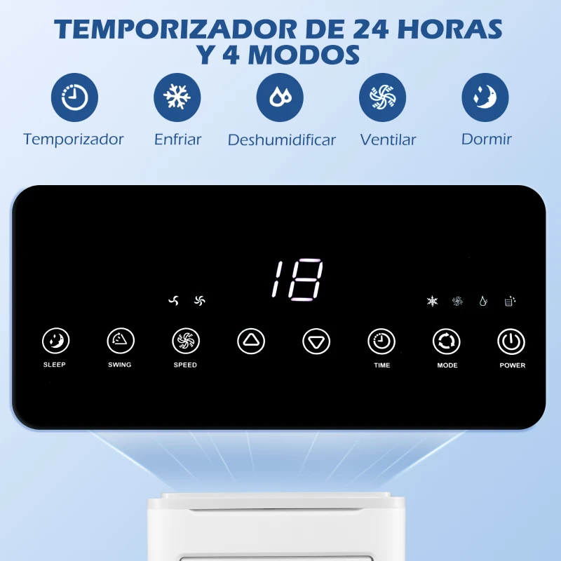 HOMCOM Aire Acondicionado Portátil 9000BTU Ventilador Deshumidificador con Control Remoto 35,3x35x72,5 cm Blanco