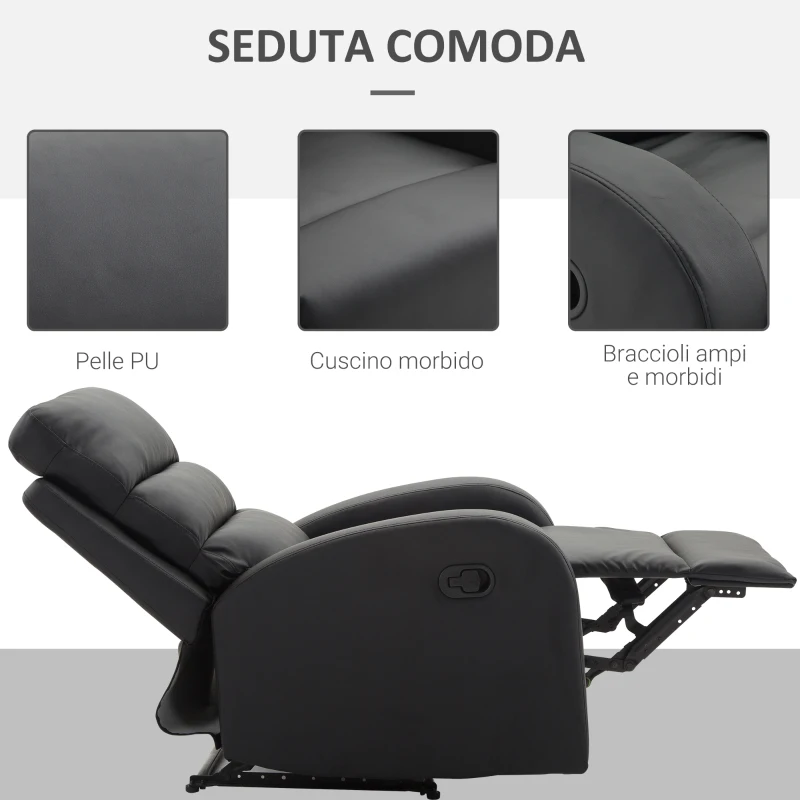 HOMCOM Poltrona Relax Reclinabile con Seduta Imbottita e Poggiapiedi, per Casa e Ufficio, in Pelle PU, 80x91x102 cm, Nera