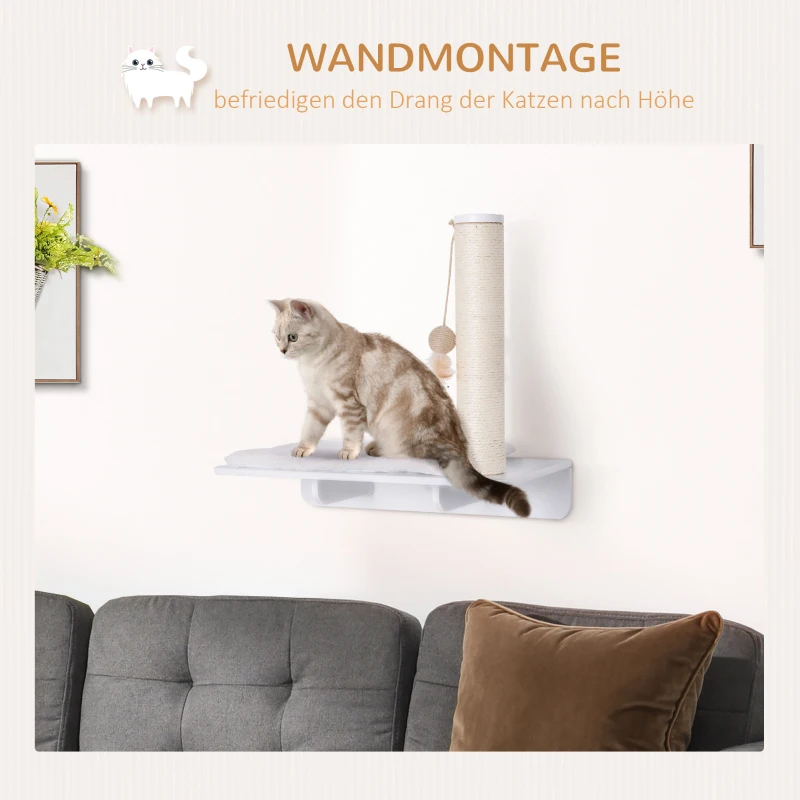 PawHut Kletterwand Katzen, Wandkratzbaum, Katzenliege mit Kratzbaum,53cm Katzenregal mit Ballspielzeug, Plüschauflage, Katzenkratzbaum, Katzensäule, Weiß