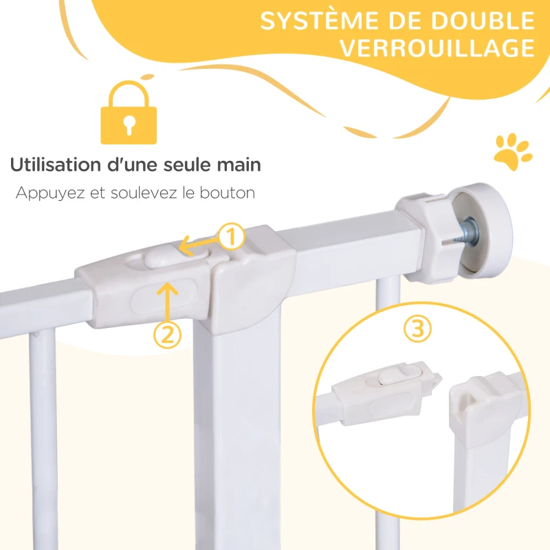 PawHut Barrière de sécurité longueur réglable dim. 76-82l x 76H cm sans perçage métal plastique blanc