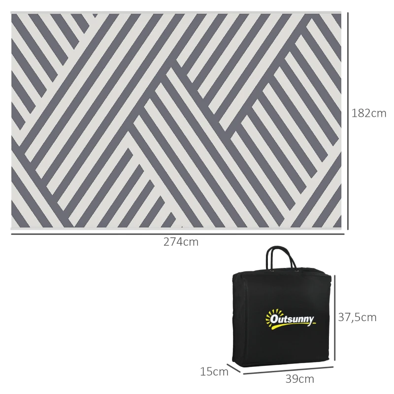 Outsunny Outdoor Wendeteppich, wasserfest, gestreift, 182x274cm, Grau/Creme