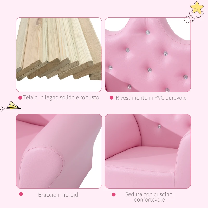 HOMCOM Set Poltrona per Bambini con Poggiapiedi e Bottoni Brillanti, Struttura in Legno con Imbottitura, Rivestimento PVC Rosa