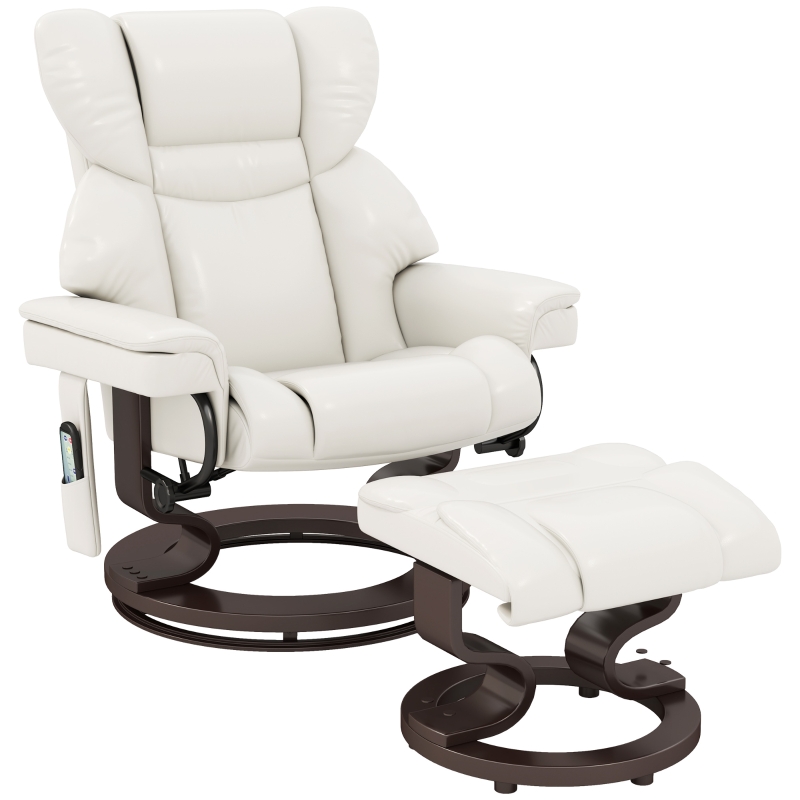 HOMCOM Relaxsessel mit Massagefunktion und Fußhocker, Liegesessel, Kunstleder, 79 x 82 x 101 cm, Cremeweiß(m-10)